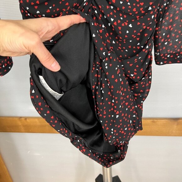 NWT Zara Black Red White Heart Print Ruched V-Neck Long Sleeve Mini Dress Sz S - Picture 7 of 15